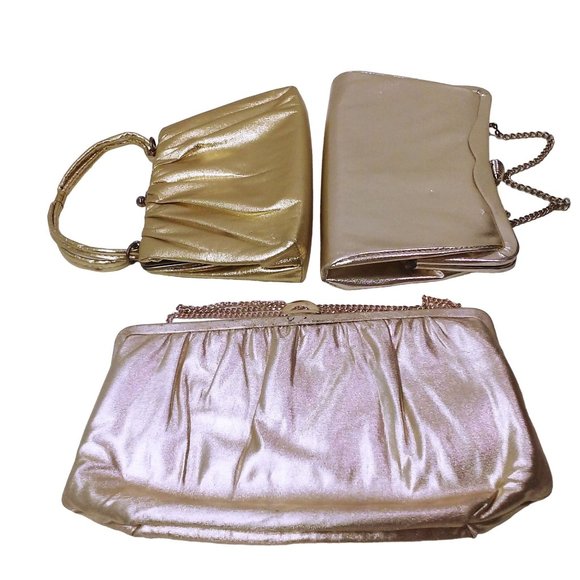 Bundle Lot of 3 Vintage 60s Metallic Gold Lame Evening Bag Clutch Mod Retro Glam - Picture 1 of 9